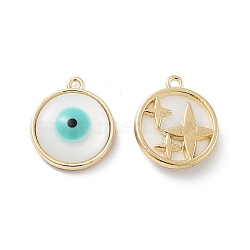 Rack Plating Alloy Enamel Pendants, with Resin, Flat Round with Evil Eye & Star Charm, Cadmium Free & Nickel Free & Lead Free, Golden, 17x14.5x4mm, Hole: 1.2mm(FIND-C050-11G)