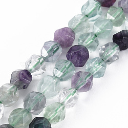 Natural Fluorite Beads Strands, Star Cut Round Beads, Faceted, 6~7x5~6mm, Hole: 1mm, about 59pcs/strand, 14.96 inch(38cm)(G-S376-001A)