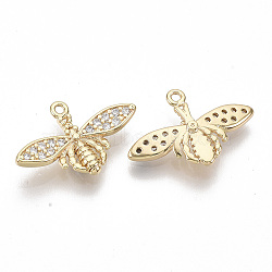 Brass Micro Pave Clear Cubic Zirconia Charms, Nickel Free, Bees, Real 18K Gold Plated, 12x18x3mm, Hole: 1mm(KK-S355-019-NF)