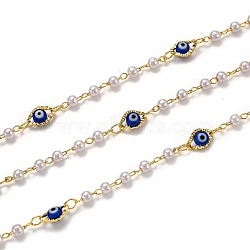 3.28 Feet Handmade Brass Chains, with Acrylic Imitation Pearl, Lampwork, Long-Lasting Plated, Soldered, Evil Eye, Golden, Blue, Link: 2.6x1.8x0.3mm(X-CHC-L039-44B-G)