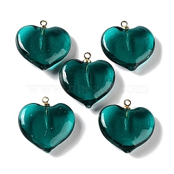 Handmade Lampwork Pendants, with Rack Plating Golden Tone Brass Findings, Long-Lasting Plated, Heart Charm, Teal, 18.5x17x6.5mm, Hole: 1.4mm(LAMP-G160-01G)