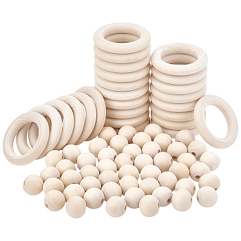 Round/Ring Unfinished Wood Beads, Natural Wooden Loose Beads Spacer Beads, Moccasin, 20~55x9~18mm, Hole: 4~36mm, 75pcs/set