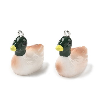 Opaque Resin Pendants, Duck, with Platinum Iron Loop, Green, 27.5x28.5x15.5mm, Hole: 2mm