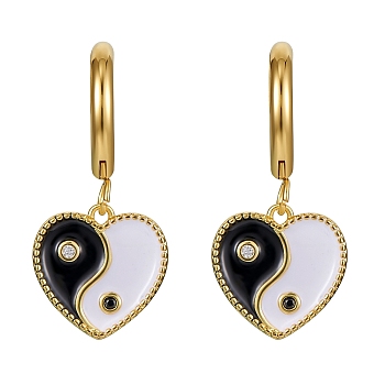 Clear Cubic Zirconia Heart with Yin Yang Dangle Hoop Earrings with Enamel, Brass Drop Earrings with 316 Surgical Stainless Steel Pin for Women, Black, 30mm, Pin: 1mm