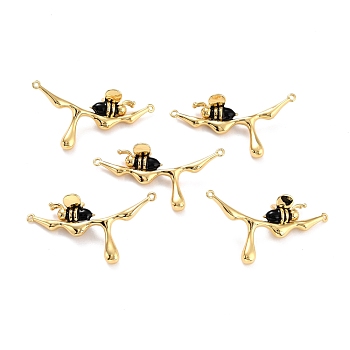 Brass Enamel Links Connectors, Long-Lasting Plated, Branch with Bees, Black, Real 18K Gold Plated, 19x35x8mm, Hole: 0.9mm