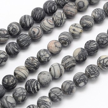 Frosted Round Natural Black Polychrome Jasper/Picasso Stone/Picasso Jasper Beads Strands, 8mm, Hole: 1mm, about 49pcs/strand, 15.3 inch