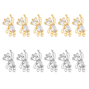 12Pcs 2 Colors Brass Micro Pave Cubic Zirconia Charms, Real 18K Gold Plated, Bear, Platinum & Golden, 12x6x3mm, Hole: 1mm, 6pcs/color