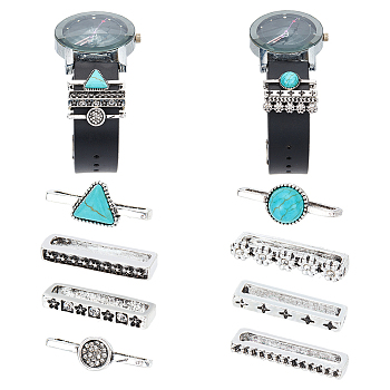 Elite 8Pcs 8 Style Half Round & Triangle Synthetic Turquoise Watch Band Charms Set, Alloy Watch Band Decorative Ring Loops, Platinum, 2.1x0.3cm, 1Pc/style