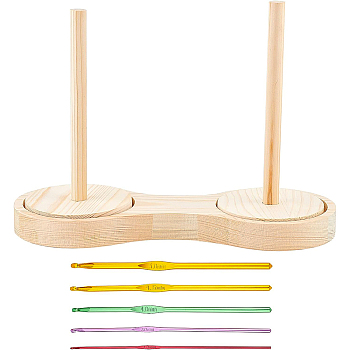 1 Set Rotatable Wooden Yarn Skein Spinner, Double Yarn Ball Holder, with 5Pcs 5 Style Random Single Color Aluminum Crochet Hooks, Mixed Color, 14.8~30x0.2~11.9x20.5cm