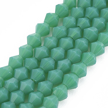 Opaque Solid Color Glass Beads Strands, Imitation Jade, Faceted, Bicone, Green, 4.5x4mm, Hole: 1mm, about 92~96pcs/strand, 13.78~14.37 inch