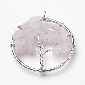 Natural Rose Quartz Pendants, with Iron Findings, Tree of Life, Platinum, 34x30x5~8mm, Hole: 2.5mm