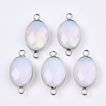 Synthetic Opalite Links/Connectors, Platinum Tone Brass Edge, Faceted Oval, 27.5x14~15x6mm, Hole: 2mm