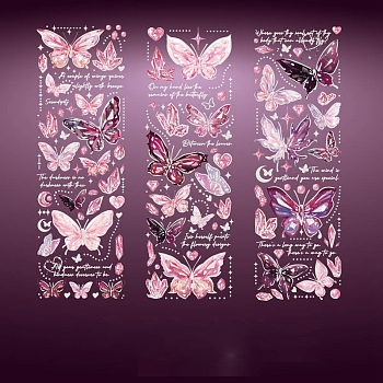 3 Sheets Hot Stamping PVC Waterproof Decorative Stickers, Self-adhesive Butterfly Decals, for DIY Scrapbooking, Pink, 180x60mm