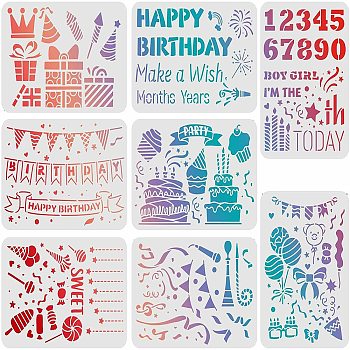 PET Hollow Out Drawing Painting Stencils Sets, for DIY Scrapbook, Photo Album, Birthday Themed Pattern, 21~29.7x21~29.7cm, 8 style/set