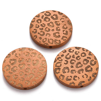 Painted Natural Wood Beads, Laser Engraved Pattern, Flat Round with Leopard Print, Sandy Brown, 30x5mm, Hole: 1.6mm