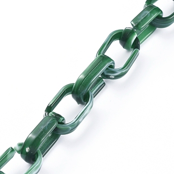 Handmade Acrylic Cable Chains, Imitation Gemstone Style, Flat Oval, Dark Green, Links: 18.5x11.5x4.5mm, about 39.37 inch(1m)/strand