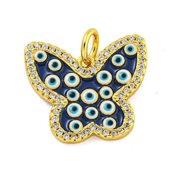 Brass Micro Pave Clear Cubic Zirconia Pendants, with Enamel, Real 18K Gold Plated, Butterfly, Midnight Blue, 17x19x2.5mm, Hole: 4mm