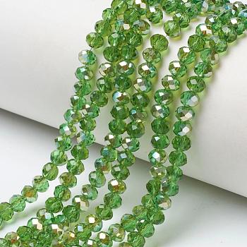 Electroplate Glass Beads Strands, Half Plated, Rainbow Plated, Faceted, Rondelle, Lime Green, 8x6mm, Hole: 1mm, about 55~60pcs/strand, 15~15.8 inch(38~40cm)
