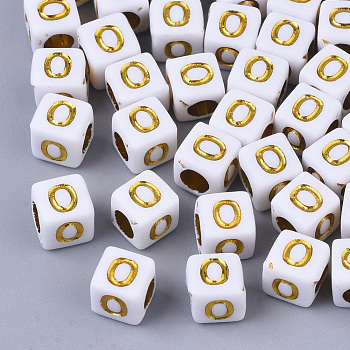Plating Acrylic Beads, Horizontal Hole, Golden Metal Enlaced, Alphabet Style, Cube, Letter.O, 5.5~6x5.5~6x5.5~6mm, Hole: 3.5mm, about 3000pcs/500g
