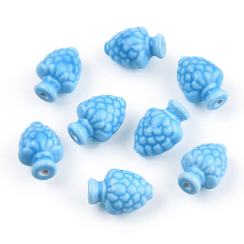 Handmade Porcelain Beads, Bright Glazed Porcelain Style, Pine Cone, Deep Sky Blue, 19x14x12mm, Hole: 2mm