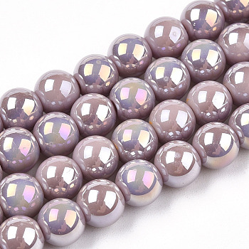 Electroplate Opaque Glass Beads Strands, AB Color Plated, Round, Rosy Brown, 9.5~10mm, Hole: 1.5mm, about 40~42pcs/strand, 14.76~15.12 inch(37.5~38.4cm)