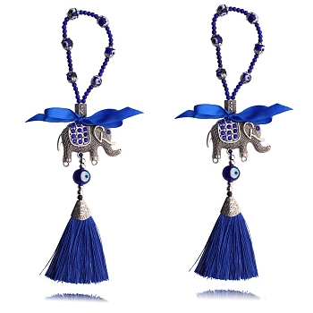 Alloy Rhinestone Elephant Pendant Decoration, with Tassel and Blue Evil Eye for Car Hanging Decoration, Antique Silver, 265mm