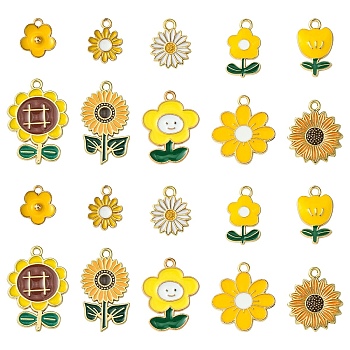 30Pcs 10 Styles Alloy Enamel Pendants, Flower Charm, Gold, 13~28x11~20.5x1~3mm, Hole: 1.6~2mm, 3pcs/style
