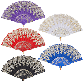 5Pcs 5 Colors Plastic Folding Fan, for Party Wedding Dancing Decoration, Mixed Color, 250x20x23.5mm, 1pc/color