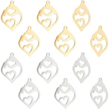 Unicraftale 12Pcs 2 Colors 201 Stainless Steel Pendants, Heart with Mother and Child, for Mother's Day, Golden & Stainless Steel Color, 24x17x1mm, Hole: 1.5mm, 6pcs/color