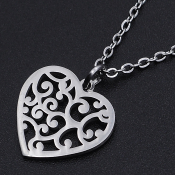 201 Stainless Steel Pendant Necklaces, with Cable Chains and Lobster Claw Clasps, Heart, Stainless Steel Color, 15.74 inch(40cm), 1.5mm