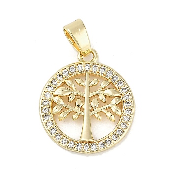 Rack Plating Brass Micro Pave Cubic Zirconia Pendants, Lead Free & Cadmium Free, Long-Lasting Plated, Tree of Life Charms, Real 18K Gold Plated, 19.5x16.5x2.5mm, Hole: 5.5x3mm