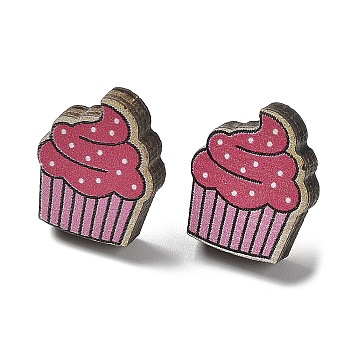 Printing Wood Stud Earrings for Women, with 316 Stainless Steel Pins, Ice Cream, Hot Pink, 17x14mm