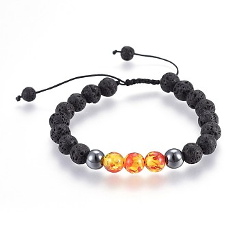 Natural Lava Rock and Non-Magnetic Synthetic Hematite Beads Braided Bead Bracelets, with Resin Imitation Amber, 2-1/8 inch~3 inch(5.3~7.8cm)