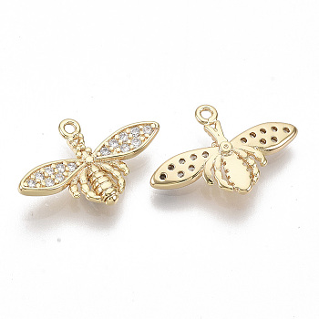 Brass Micro Pave Clear Cubic Zirconia Charms, Nickel Free, Bees, Real 18K Gold Plated, 12x18x3mm, Hole: 1mm