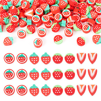 160Pcs 4 Styles Handmade Polymer Clay Bead, Strawberry, Red, 9~13x6~10.5x4~5.5mm, Hole: 1.8mm, 40pcs/style