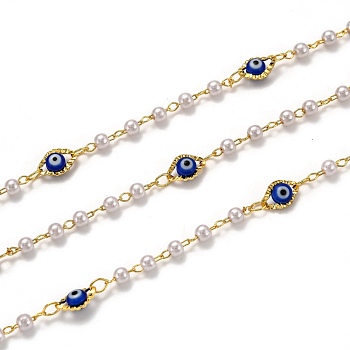 3.28 Feet Handmade Brass Chains, with Acrylic Imitation Pearl, Lampwork, Long-Lasting Plated, Soldered, Evil Eye, Golden, Blue, Link: 2.6x1.8x0.3mm