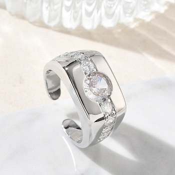 Brass Micro Pave Cubic Zirconia Cuff Open Rings for Women, Long-Lasting Plated, Rack Plating, Platinum, 11mm, US Size 7 3/4(17.9mm)