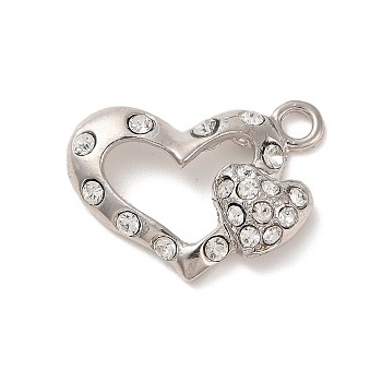 Alloy Pendants, with Glass Rhinestone, Heart, Platinum, 16.5x23x5mm, Hole: 2.5mm