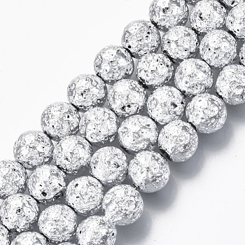 Electroplated Natural Lava Rock Beads Strands, Round, Bumpy, Silver, 8.5mm, Hole: 1mm, about 47pcs/Strand, 15.35 inch(39cm)