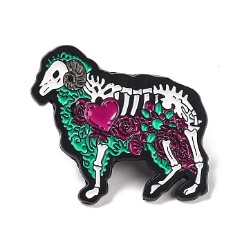 Skeleton Sheep with Heart Enamel Pin for Halloween, Animal Alloy Badge for Backpack Clothing, Electrophoresis Black, Colorful, 32x35x1.5mm, Pin: 1mm