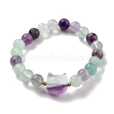 Round & Cat Head Natural Fluorite Beaded Stretch Bracelets for Women(BJEW-K251-03E)-2