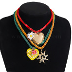 Alloy Enamel Heart Sun Flower Pendant Twisted Round Cotton Cord 3 Layer Necklaces for Women, Golden, Colorful, 14.57~19.29 inch(37~49cm), 3pcs/set(WG294C6-01)