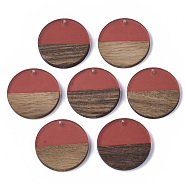 Transparent Resin & Walnut Wood Pendants, Flat Round, Indian Red, 28.5x3.5~4mm, Hole: 1.5mm(RESI-S358-02B-H50)