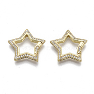 Brass Micro Pave Cubic Zirconia Spring Gate Rings, Nickel Free, Star, Real 16K Gold Plated, Clear, 24.5x26x4mm, Inner Diameter: 15x13mm(ZIRC-S066-033B-NF)