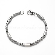 304 Stainless Steel Box Chain Bracelets, with Tube Beads and Lobster Claw Clasps, Stainless Steel Color, 8-1/4 inch(210mm), 4mm(BJEW-M125-01P)