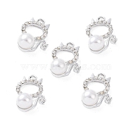 Alloy Rhinestone Pendants, with ABS Plastic Imitation Pearl Beads, Cat Charm, Platinum, 24x16.5x9mm, Hole: 2.5mm(ALRI-C008-71P)
