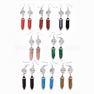 Pointed Bullet Natural & Synthetic Mixed Gemstone Dangle Earrings, with Brass Earring Hooks and Flat Round with Tree of Life Links, Platinum, 76mm, Pin: 0.7mm(EJEW-K084-B)