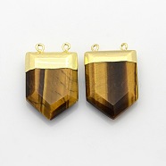 Gemstone Point Pendants with Golden Tone Brass Findings, Tiger Eye, 28~33x19~21x7mm, Hole: 2mm(G-P053-G32A)
