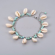 Cowrie Shell Anklets, with Synthetic Turquoise Beads and 304 Stainless Steel Findings, Seashell Color, 9-5/8 inch(24.5cm)(AJEW-AN00246)