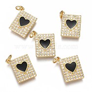 Brass Micro Pave Clear Cubic Zirconia Pendants, Long-Lasting Plated, with Jump Rings & Enamel, Rectangle with Heart, Real 18K Gold Plated, Black, 16.8x13.7x2.5mm, Hole: 3mm, jump ring: 5x1.8mm.(ZIRC-B002-30G-H)